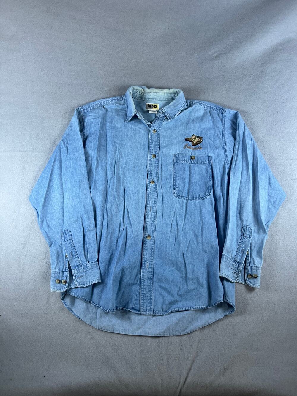 Vintage Impex Denim Shirt Mens XL Blue Colorado Hiking Boots Embroidered Outdoor